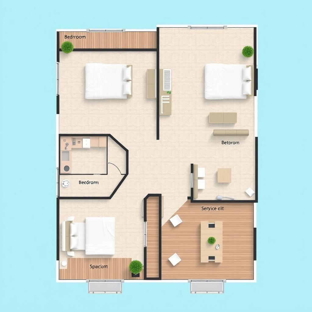 A floor plan layout of a residential house featuring two spacious bedrooms, a large living and dining area, and a kitchen with a service area and bathroom