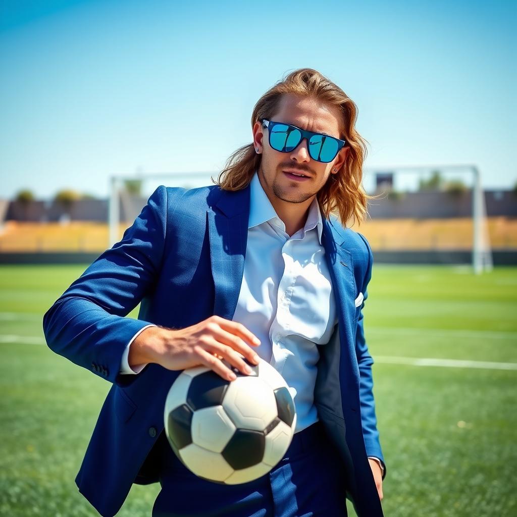A male soccer player with long hair, wearing stylish blue sunglasses and a tailored blue suit