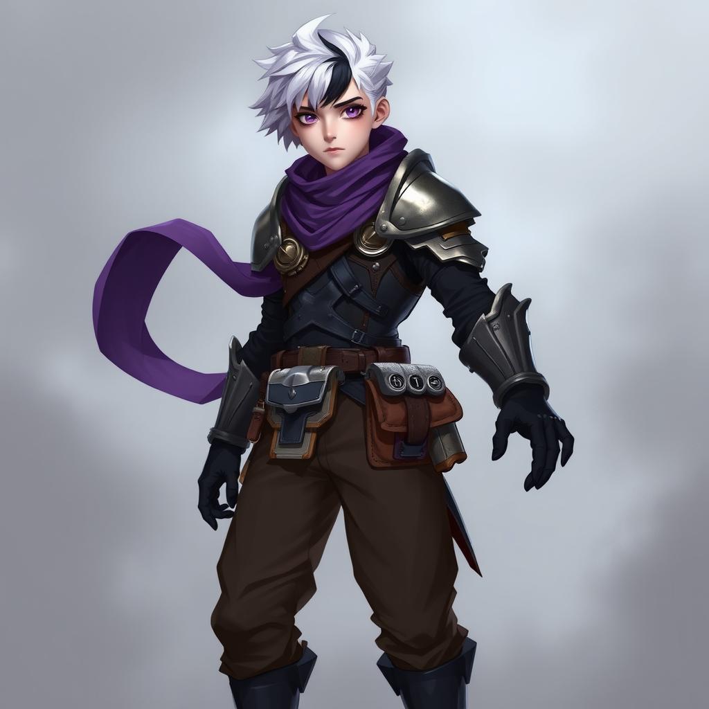 A fantasy character with pieces of armor from a suit, resembling a sorcerer, without a helmet