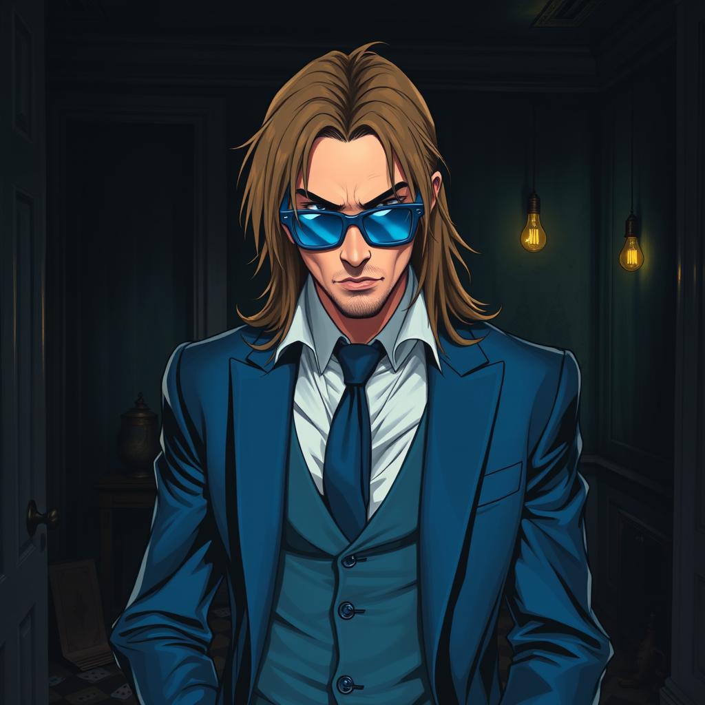 A male psychopath character, depicted with long hair and blue sunglasses, wearing a sophisticated blue suit