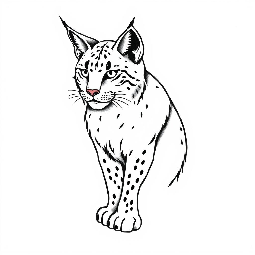 A simple, American traditional tattoo-style drawing of a lynx, depicted in black and grey