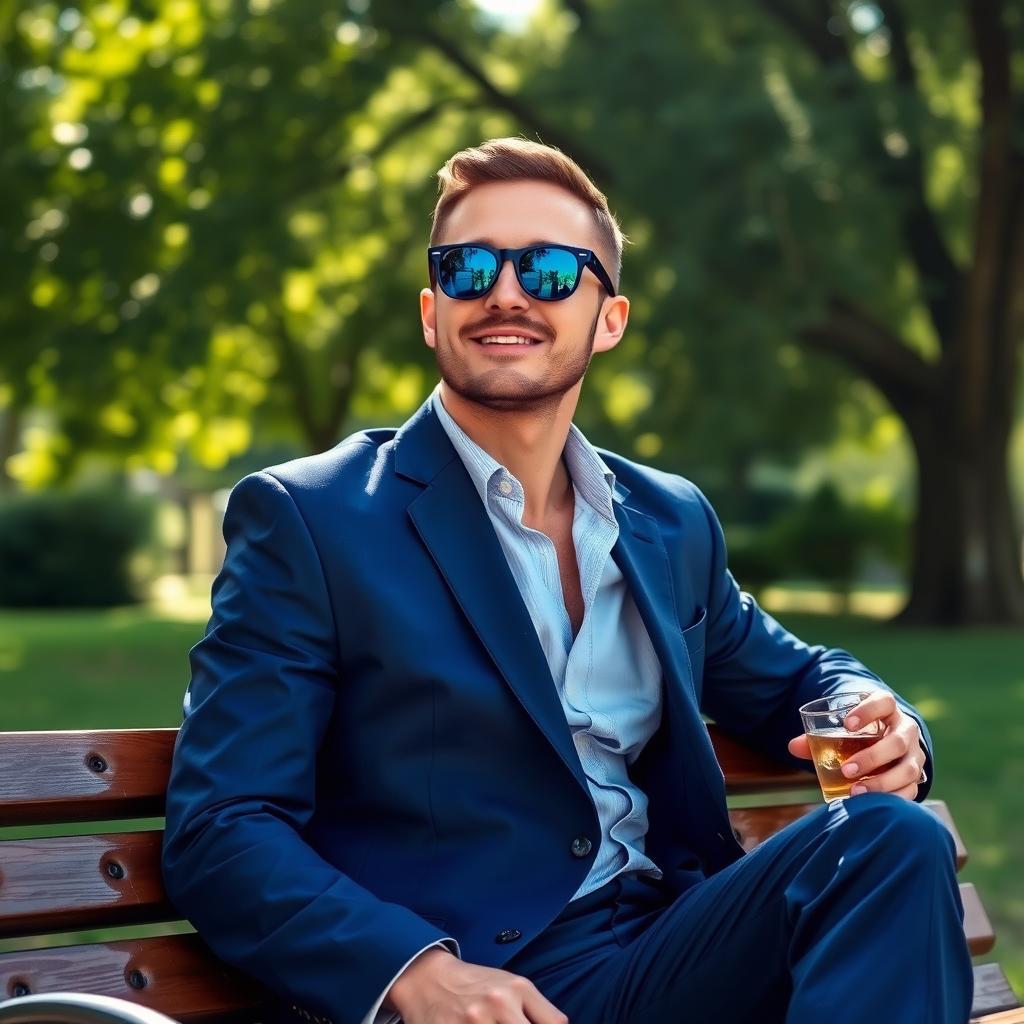 A laid-back man with short hair, wearing blue sunglasses and a relaxed blue suit, sitting casually on a park bench