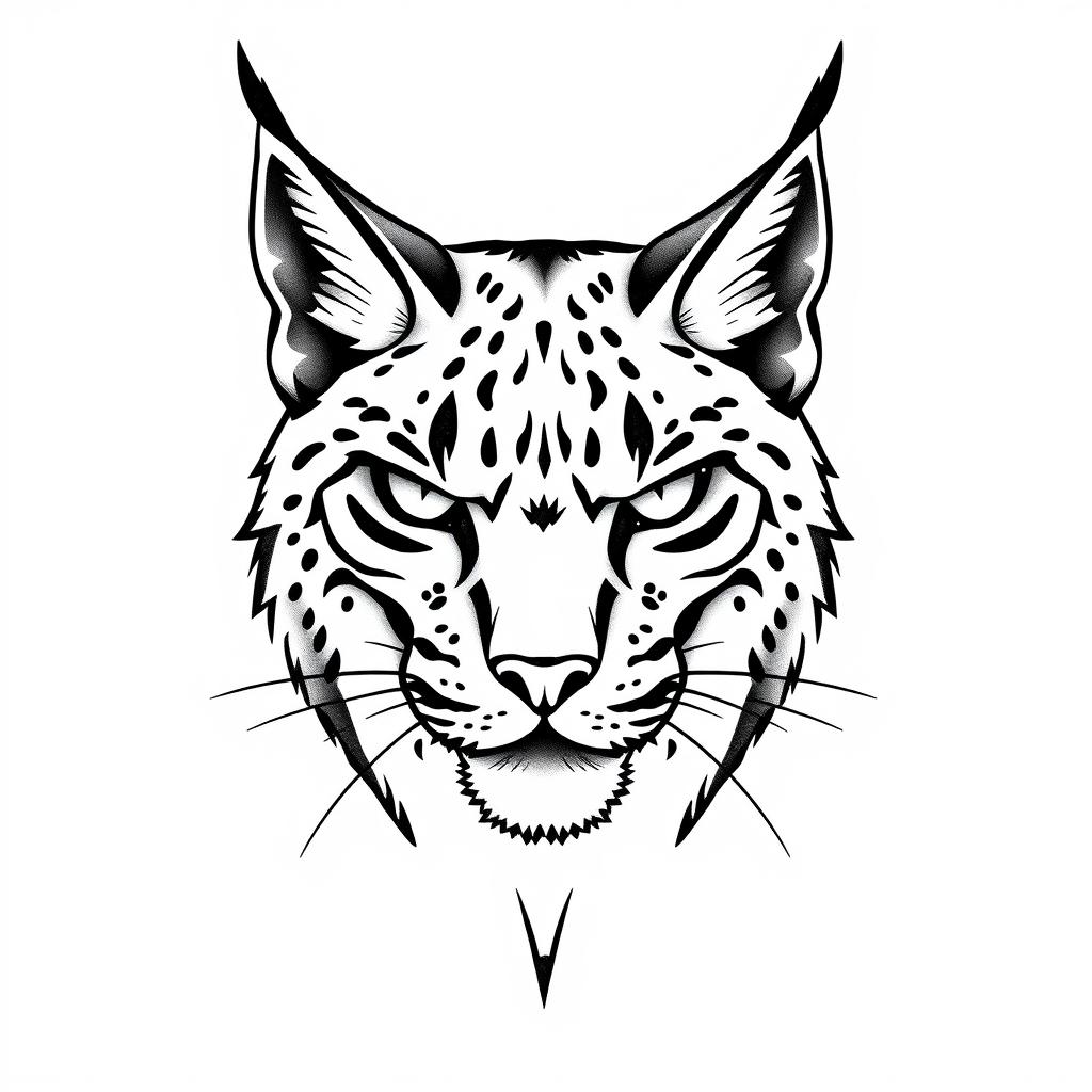 A simple American traditional style drawing of a lynx head, rendered in black and grey shadows
