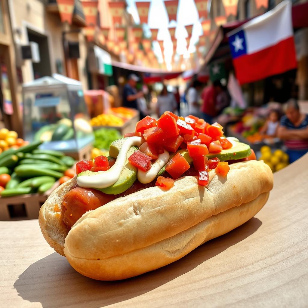 A delicious completo, a traditional Chilean hot dog, served on a fresh bread roll