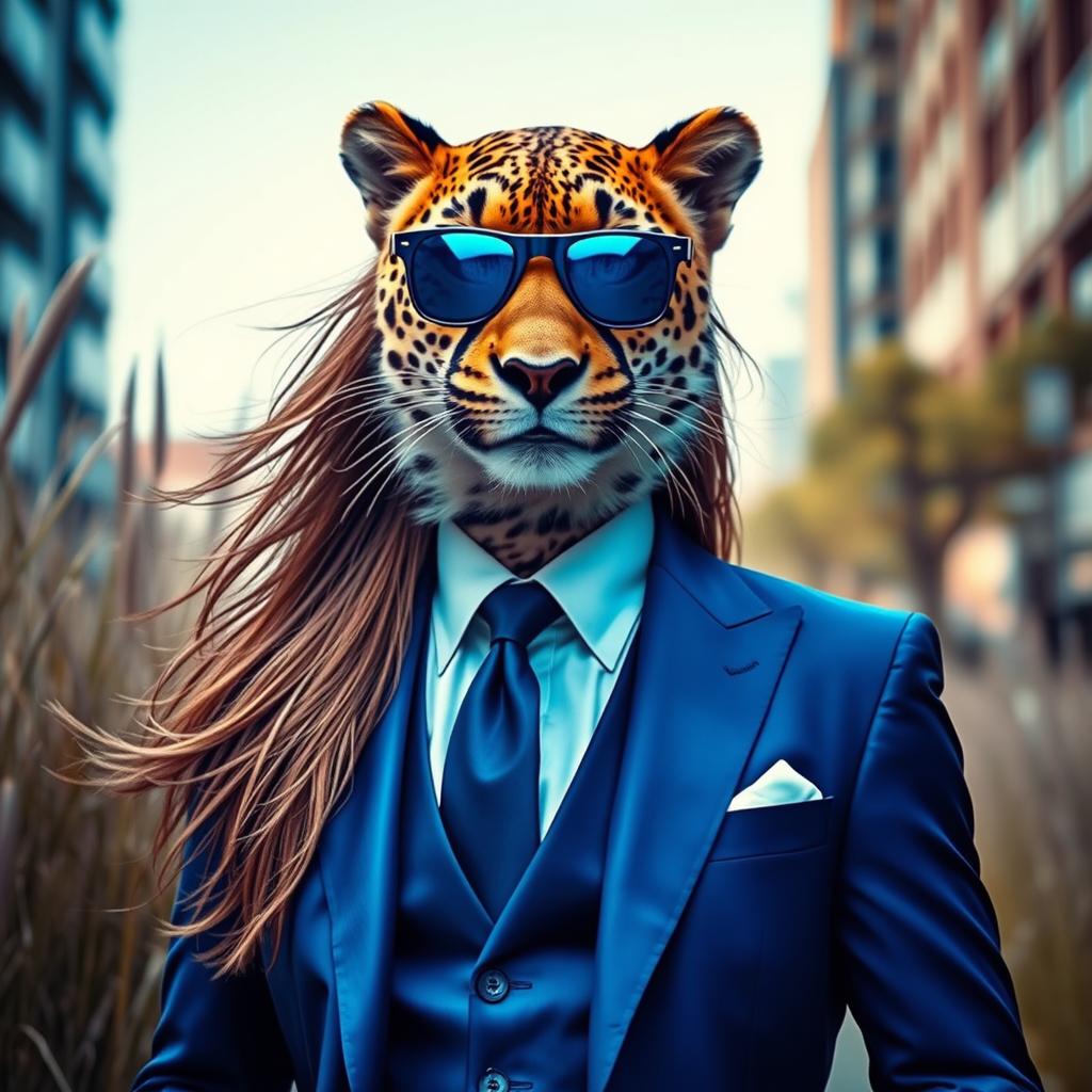 A surreal depiction of a man with the head of a cheetah, featuring long flowing hair and wearing sleek blue sunglasses
