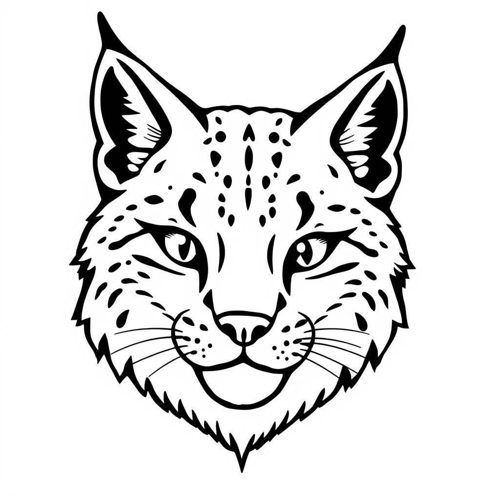 A simple, American traditional style drawing of a kind-looking lynx head, rendered in black and grey