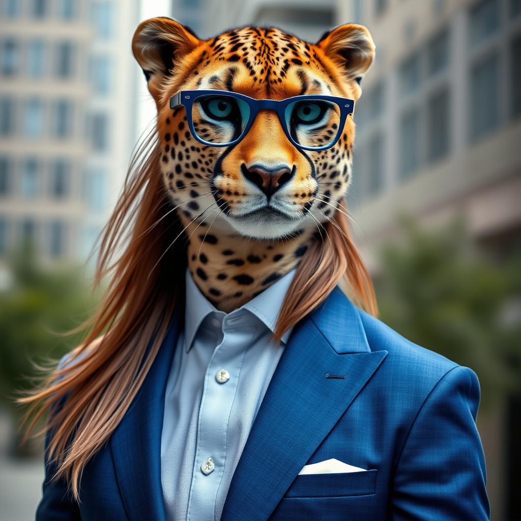 A man with the head of a cheetah, featuring long hair and wearing blue glasses, dressed in a sleek blue suit