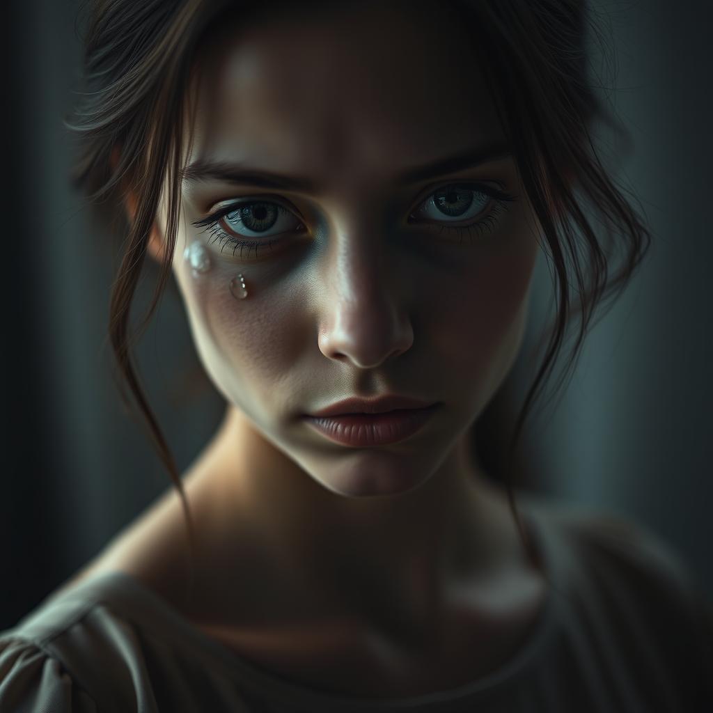 A close-up portrait of a young woman, her face reflecting deep emotions