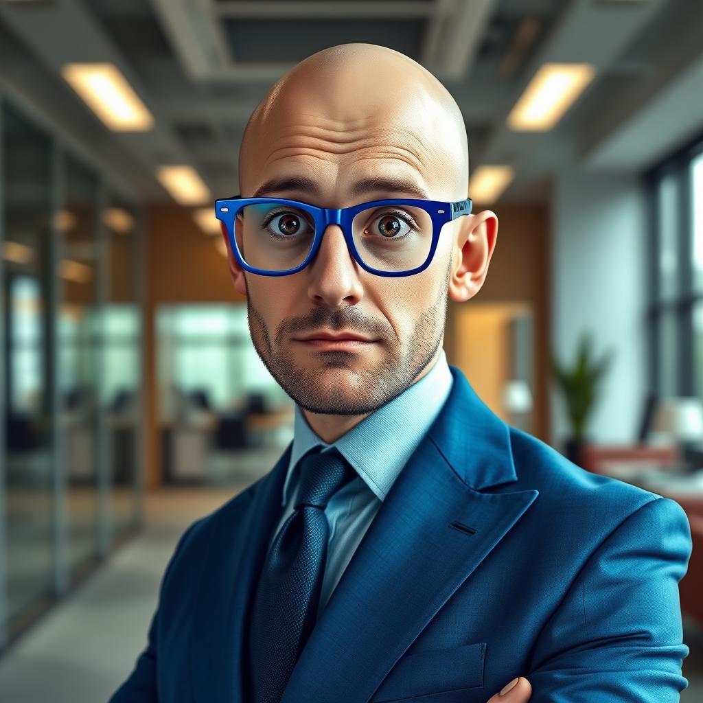 A bald cyclops man wearing striking blue glasses and a sophisticated blue suit