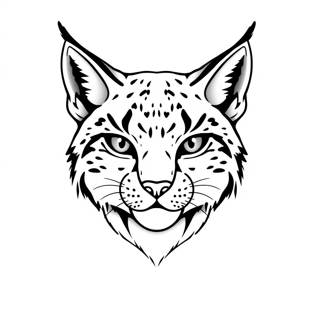A simple, American traditional style drawing of a kind-looking lynx head, rendered in black and grey