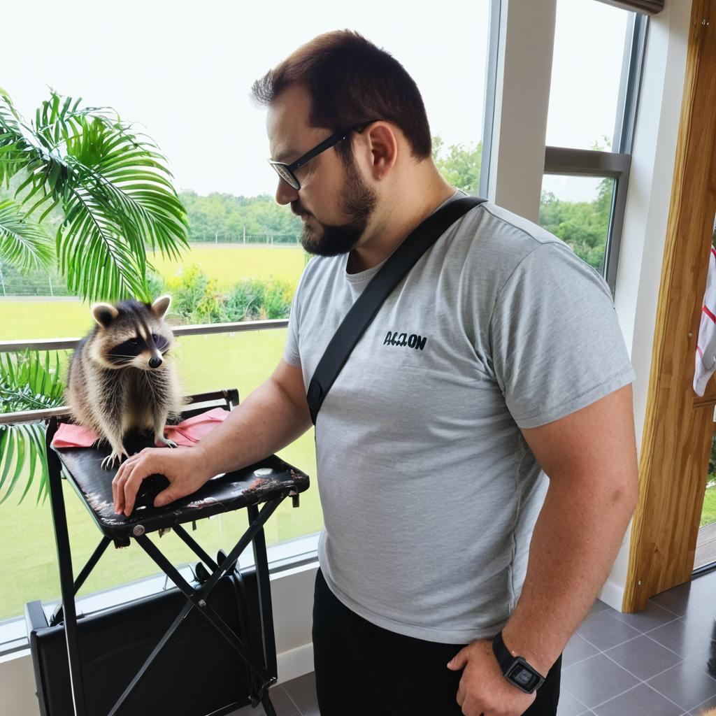 Add a adult raccoon perched on the man's shoulder