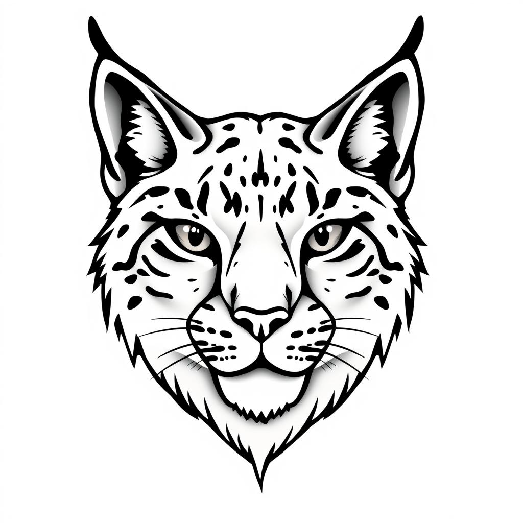 An American traditional style drawing of a kind-looking lynx head, created in black and grey