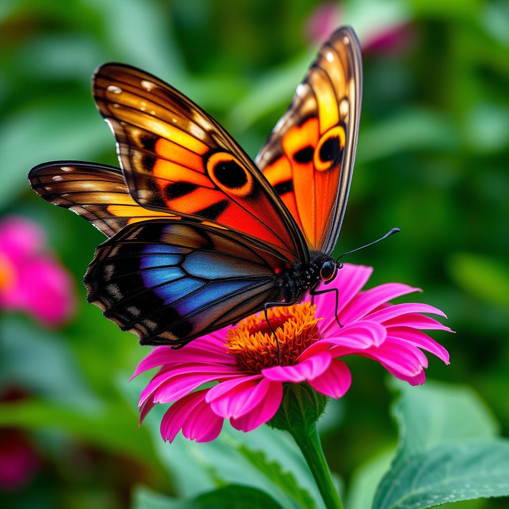 A stunning, realistic butterfly perched delicately on a vibrant flower in a lush, green natural environment