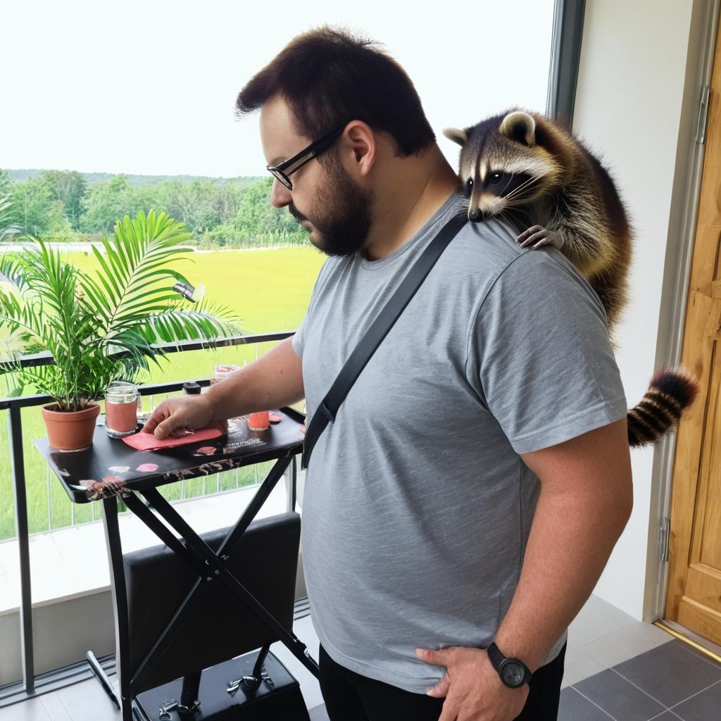 Add a adult raccoon perched on the man's shoulder