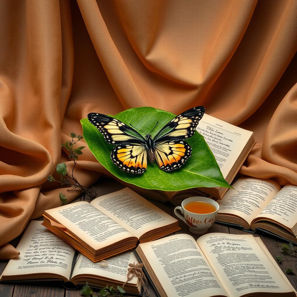 A realistic butterfly resting on a vibrant green leaf in a natural setting, surrounded by elements representing a literary theme