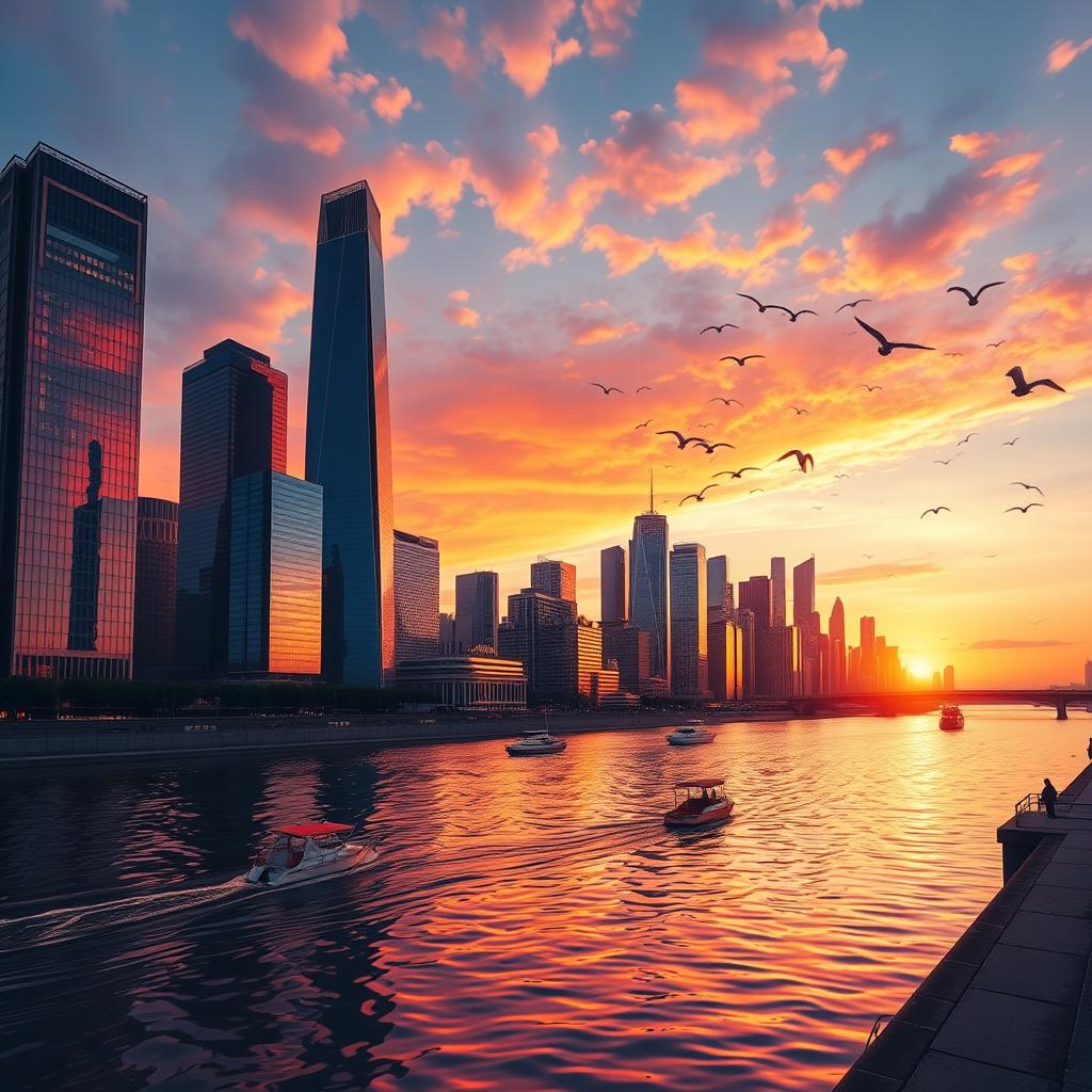 A stunning depiction of a vibrant city skyline at sunset, with tall glass skyscrapers reflecting warm hues of orange, pink, and purple