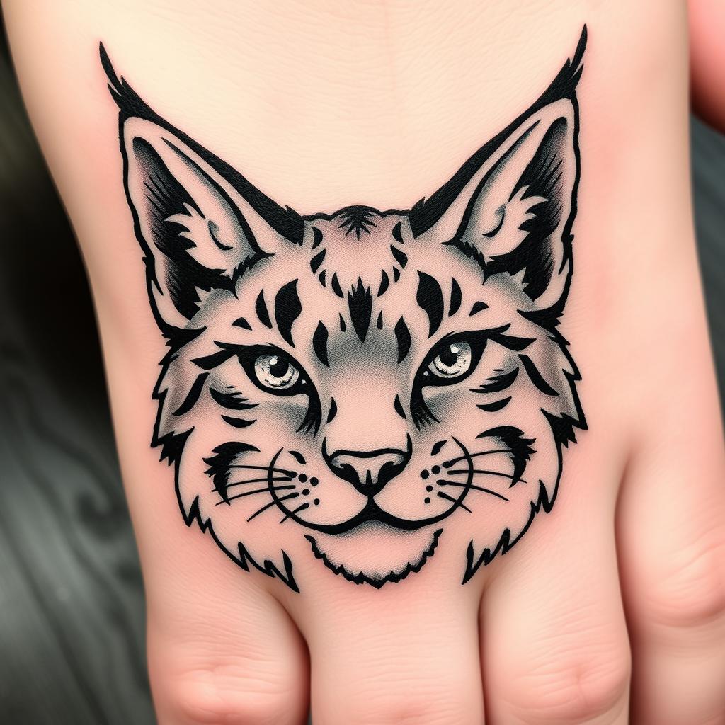 An American traditional style drawing of a kind-looking lynx head, rendered in black and grey with dark shadows