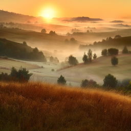 Continuation of a realistic, enhanced landscape showing the progression of dawn over the rolling hills with country elements; depicting the warmth of the rising sun, early morning fog, and awakening nature.