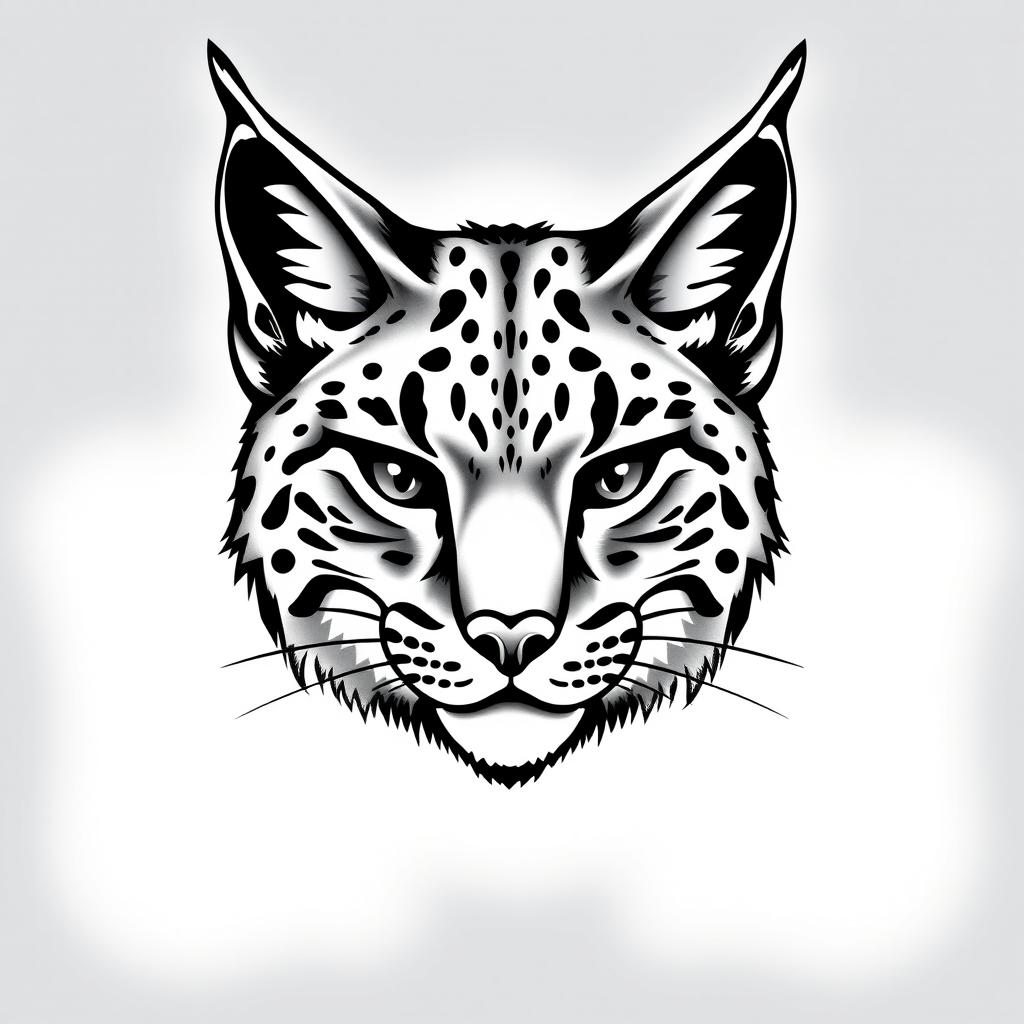 An American traditional style drawing of a kind-looking lynx head, done in black and grey with dark shadows