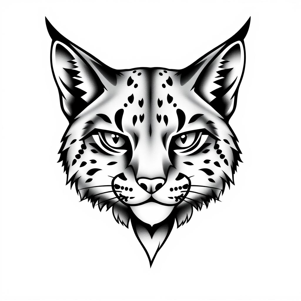 A kind-looking lynx head drawing in black and grey, showcasing dark shadows and executed in an American traditional tattoo style