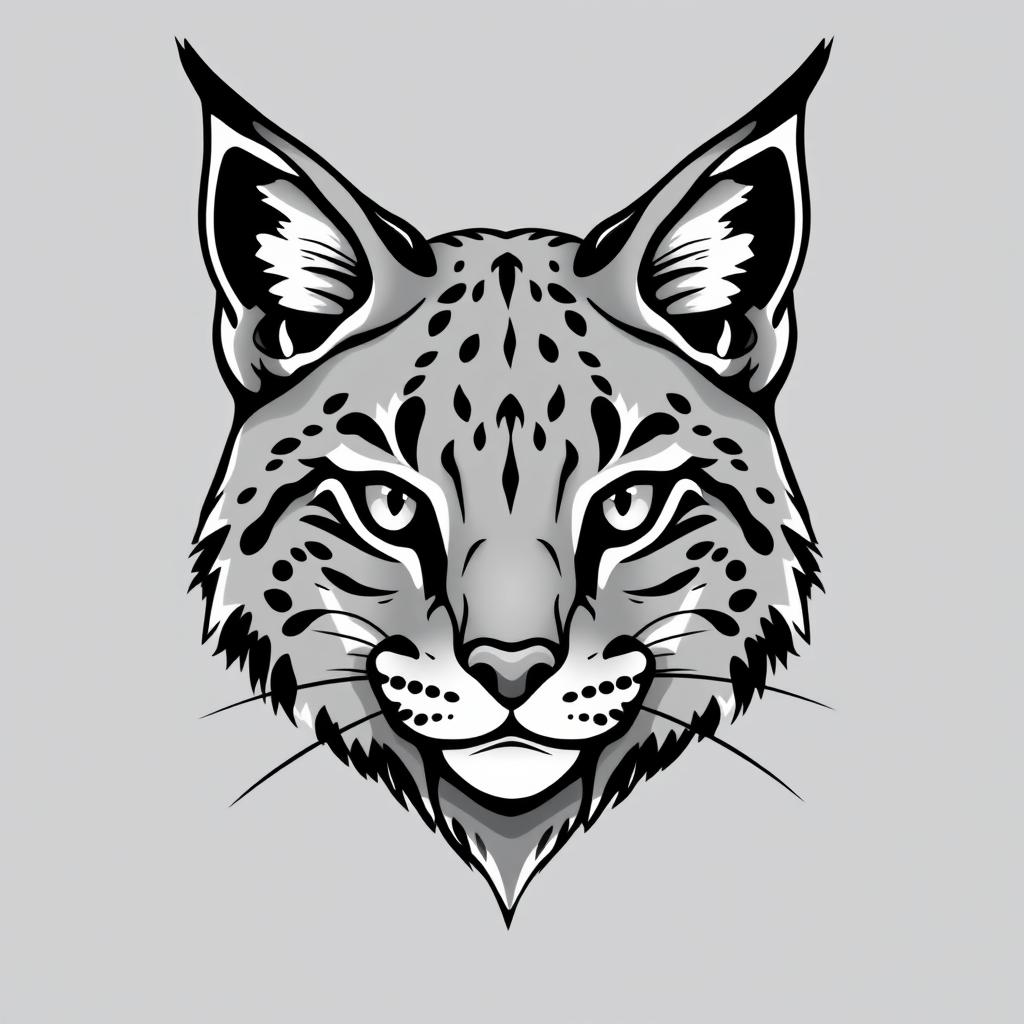 A kind-looking lynx head drawing in black and grey, styled with dark shadows in an old school American traditional tattoo aesthetic