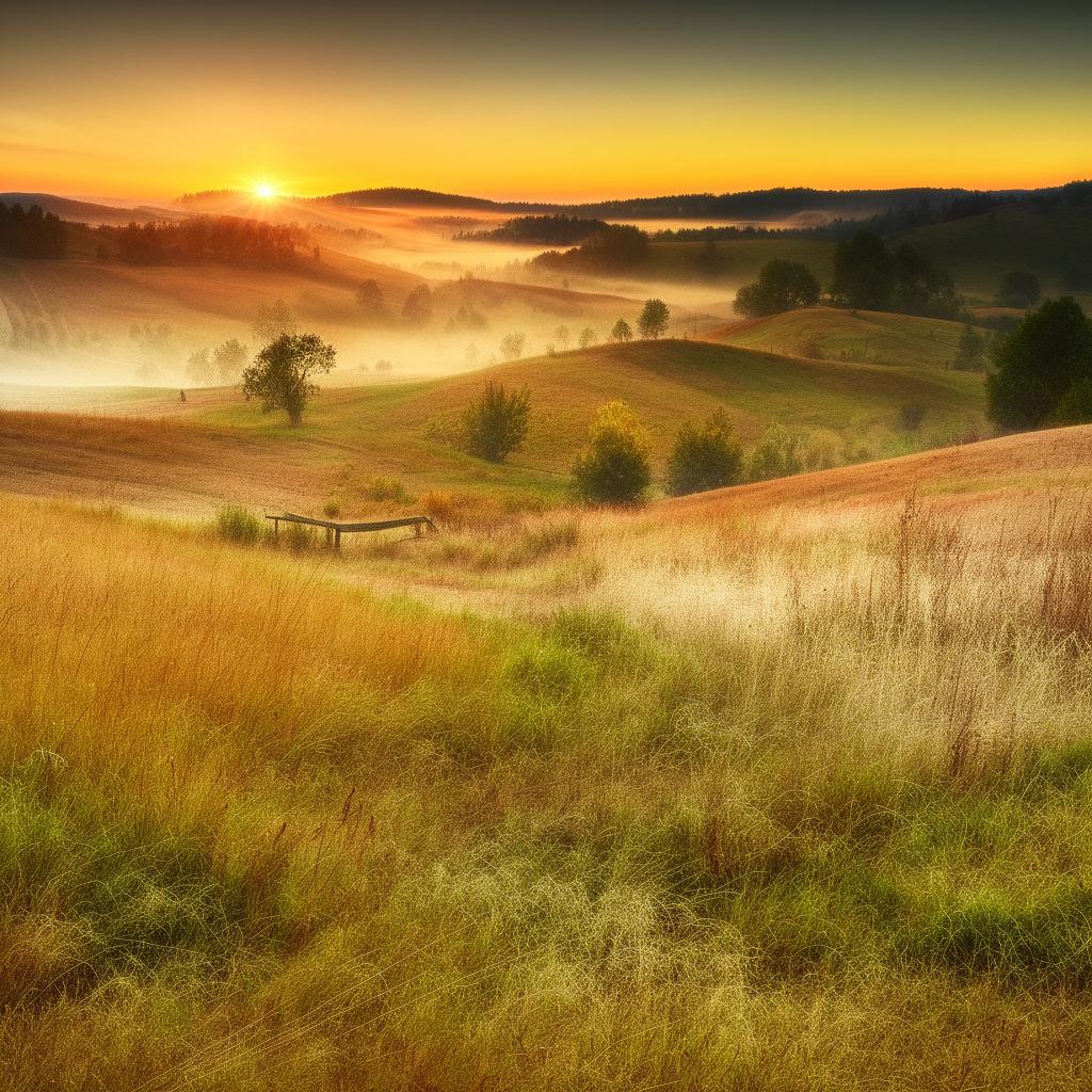 Continuation of a realistic, enhanced landscape showing the progression of dawn over the rolling hills with country elements; depicting the warmth of the rising sun, early morning fog, and awakening nature.