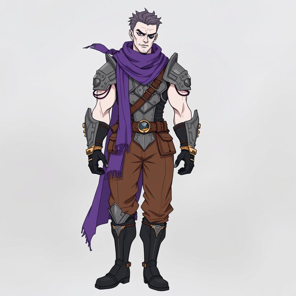 A tall, lean, and muscular character wearing pieces of armor from a suit, resembling a sorcerer, with no helmet