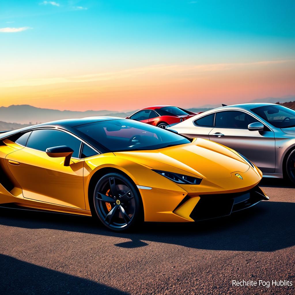 A stunning scene featuring a trio of luxury hybrid cars: a Lamborghini, a Ferrari, and a Mercedes