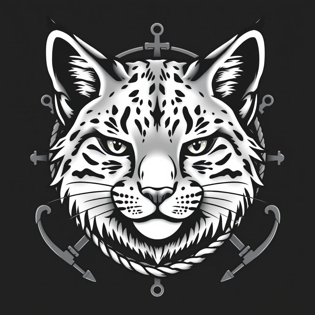A kind-looking lynx head drawing in black and grey, illustrated in an old school sailor tattoo style featuring dark shadows