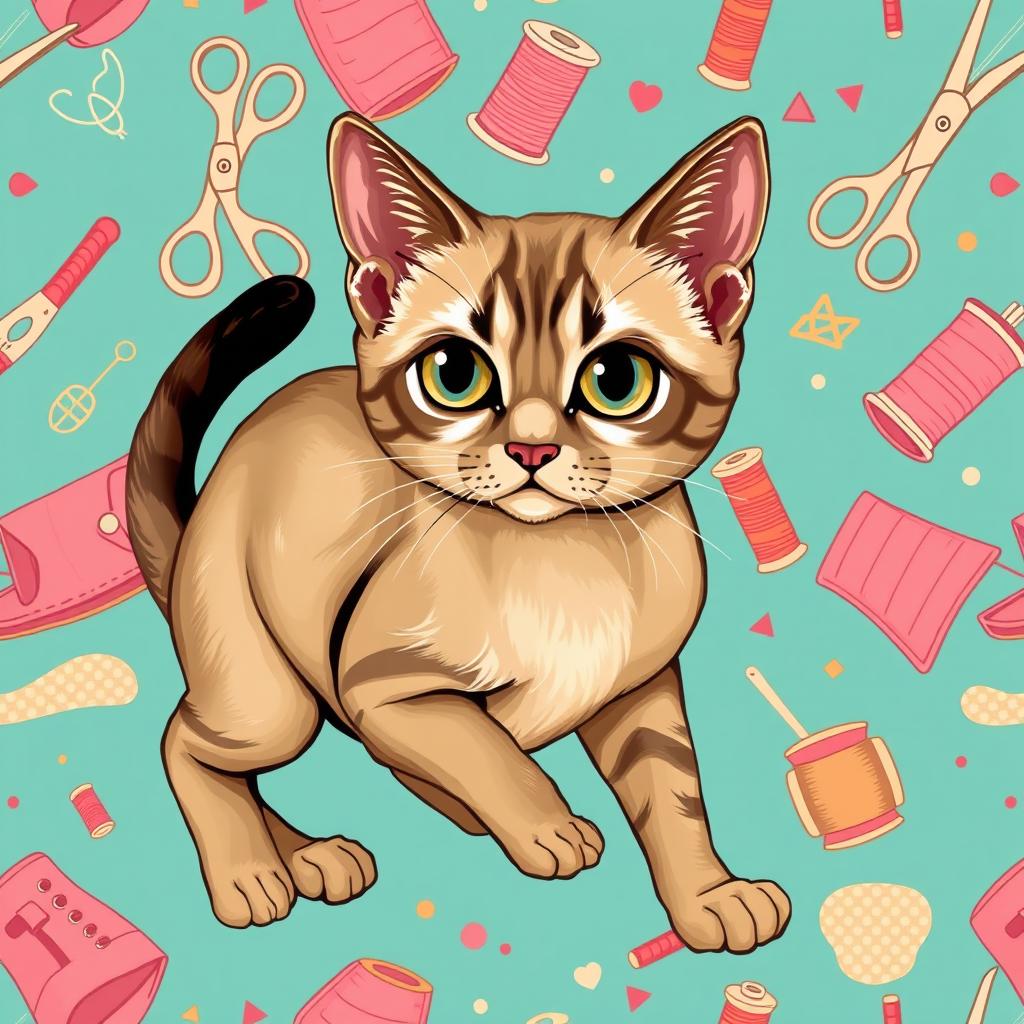 A sewing pattern design featuring a cat that is a crossbreed between a European cat and a Burmese cat