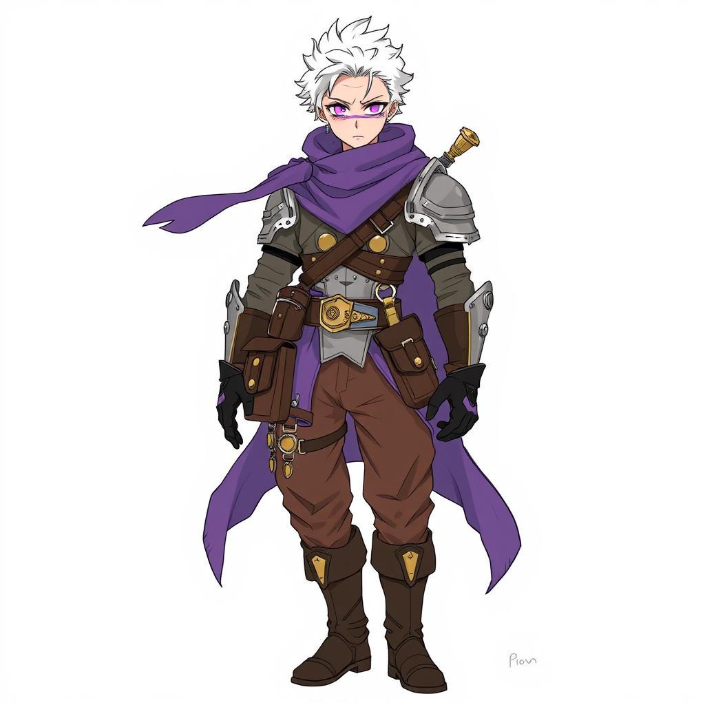 A character with a combination of armor pieces and a sorcerer appearance, featuring a prominent purple scarf and striking purple eyes