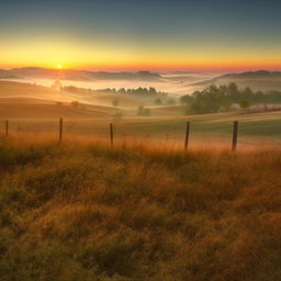 Continuation of a realistic, enhanced landscape showing the progression of dawn over the rolling hills with country elements; depicting the warmth of the rising sun, early morning fog, and awakening nature.