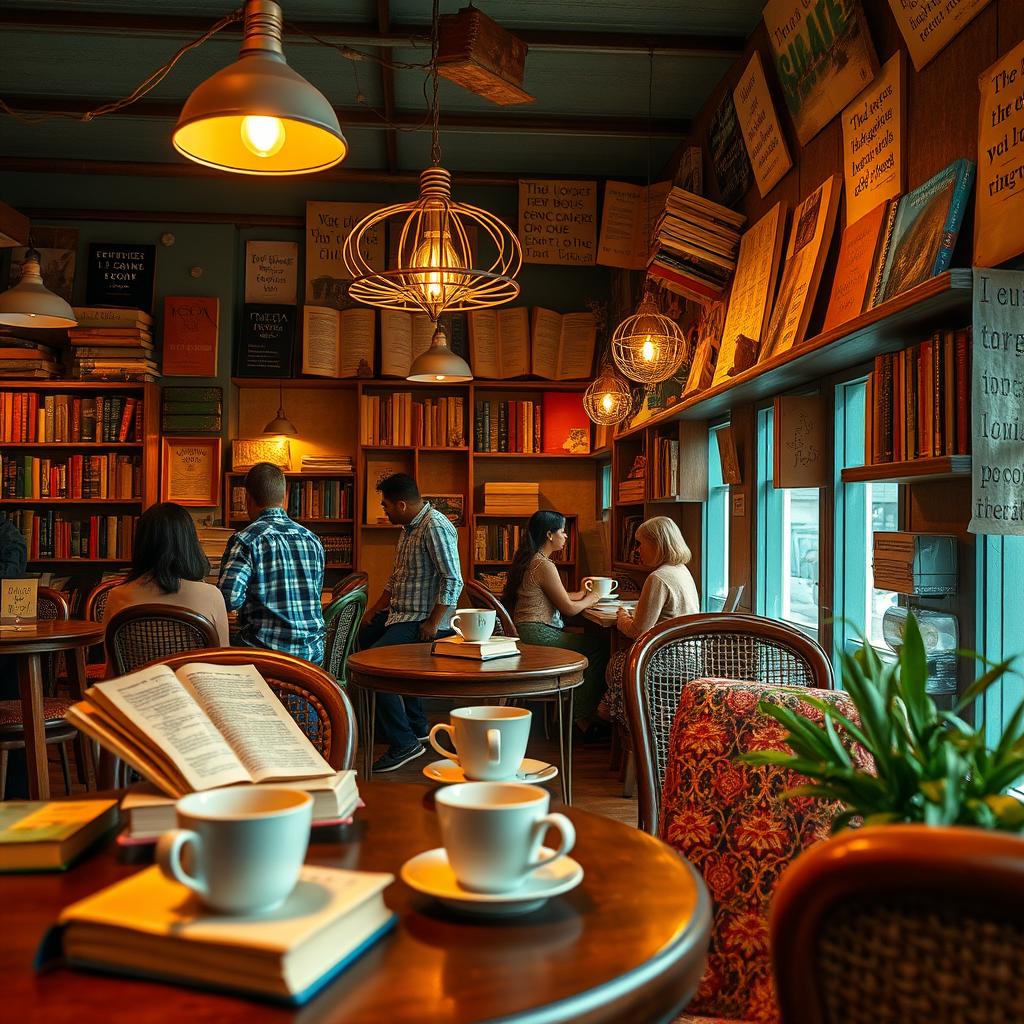 A cozy and vibrant scene featuring a cafe in the colors of coffee and sand, adorned with intricate details of books, teacups, and the essence of literary quotes