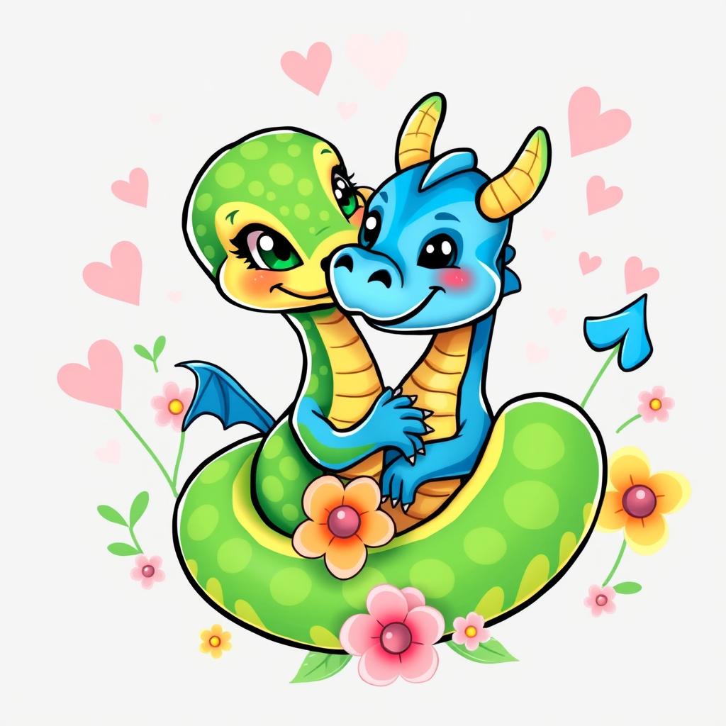 A cute, cartoon-style design featuring a female snake and a male dragon in a loving pose