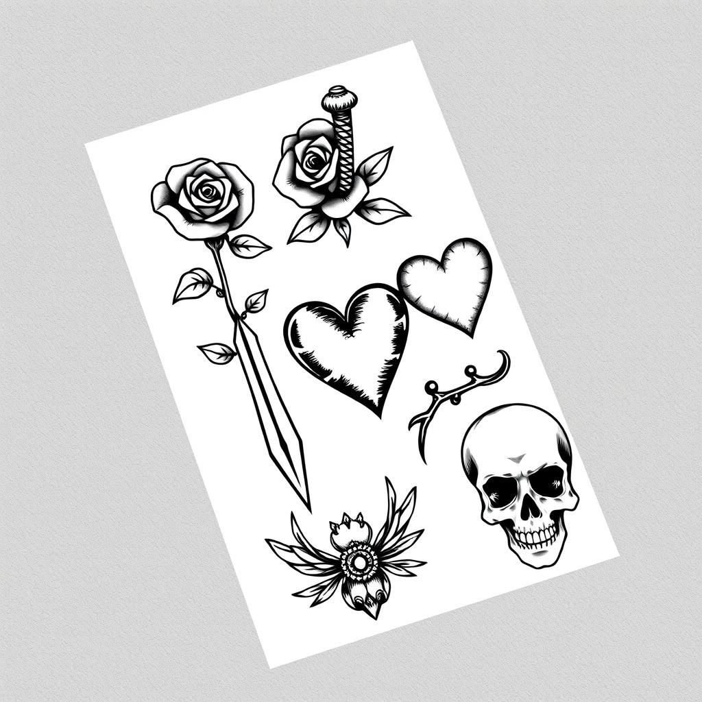 An American traditional flash card design featuring bold outlines and intricate black and grey illustrations