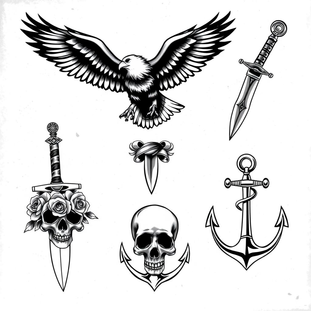 A collection of black and grey American traditional tattoo flash art