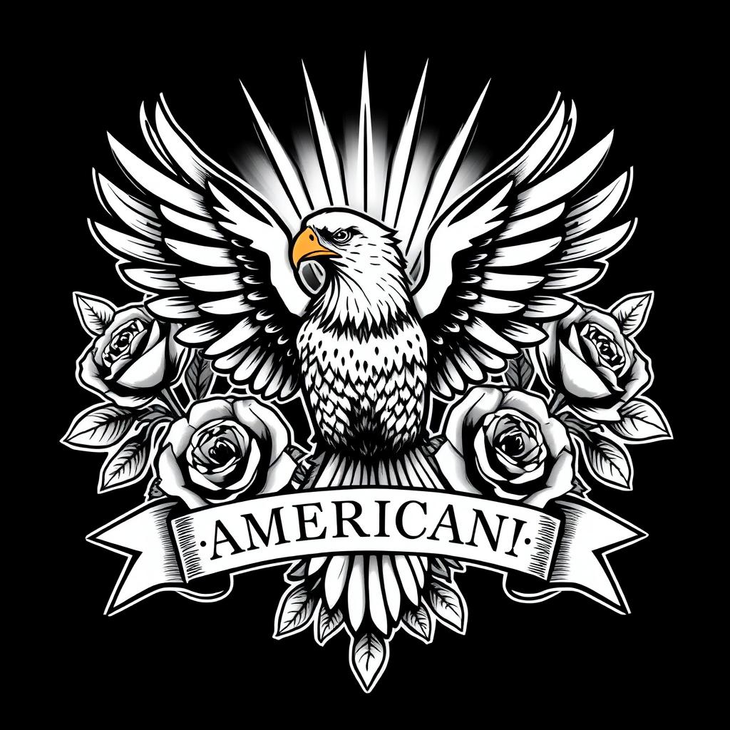 A striking design of an American traditional flash card featuring iconic motifs such as a bold eagle, roses, and a vintage banner