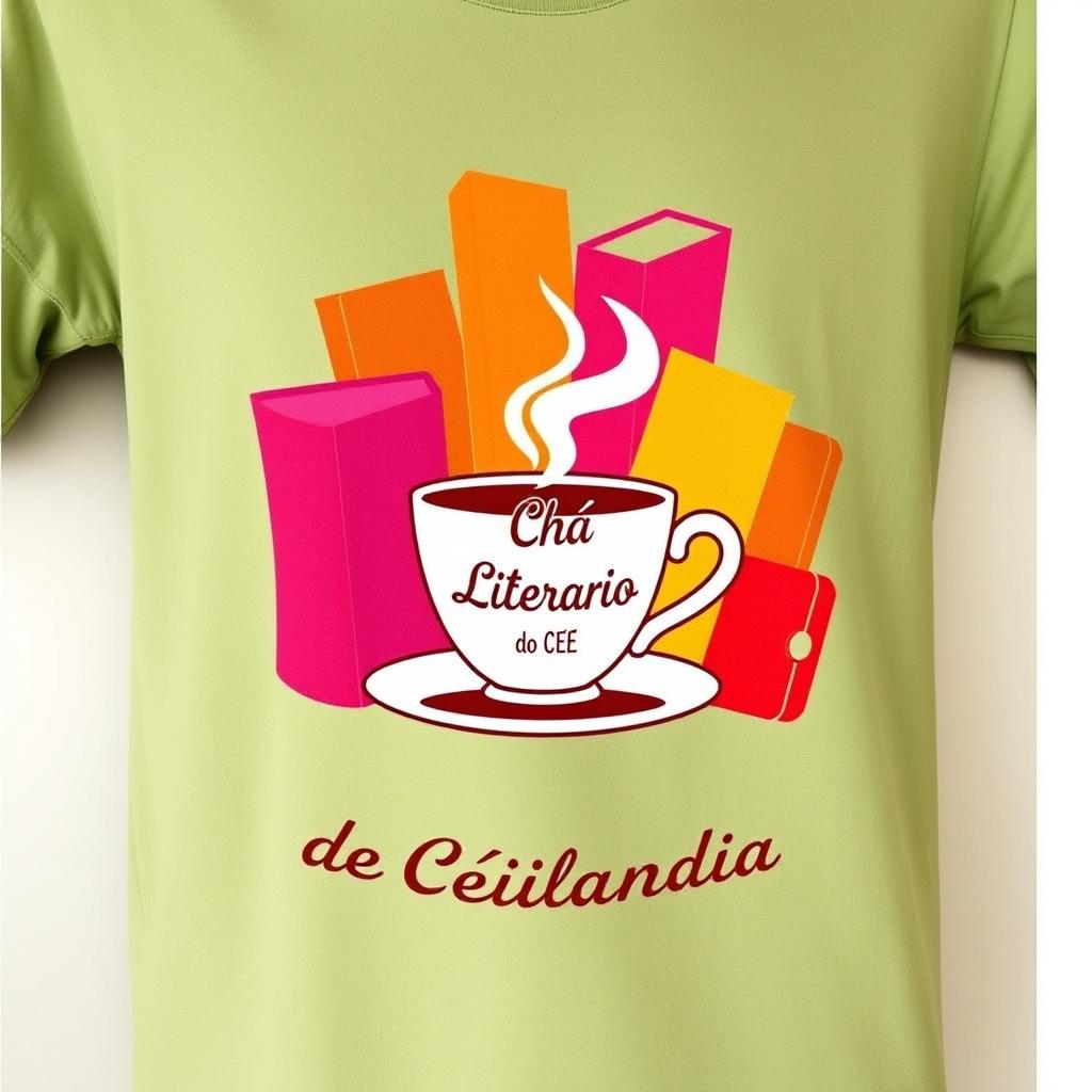 A contemporary cafe-colored t-shirt featuring artistic silhouettes of books in contrasting colors, showcasing a delicate cup with the phrase: 'XII Chá Literário do CEE 02 de Ceilândia'