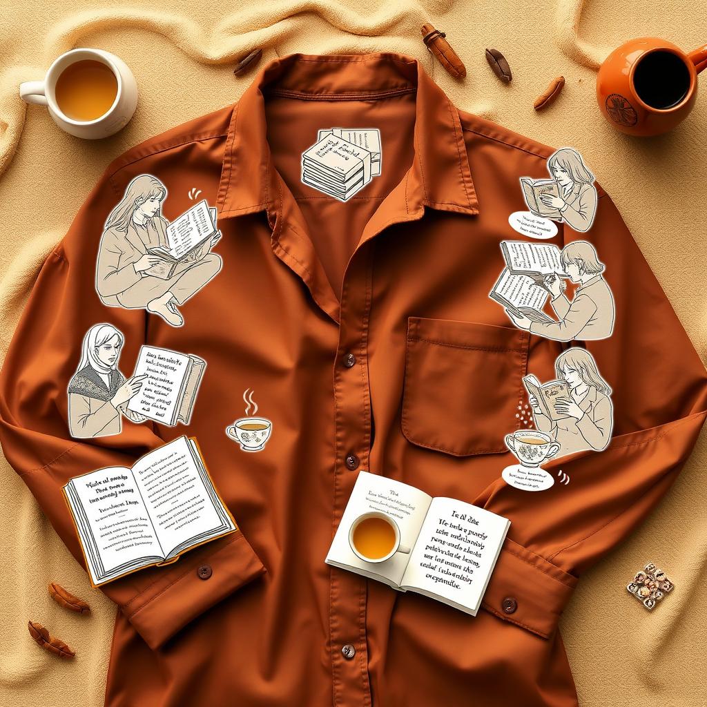 An inviting coffee-themed literary scene featuring a warm brown shirt laid out alongside sandy-colored elements