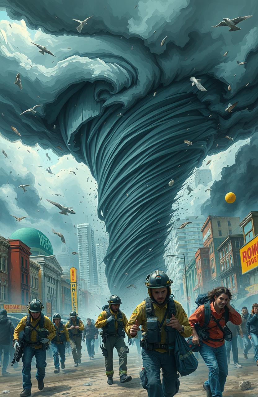 A dramatic and visually stunning depiction of the greatest disaster in life, showcasing a massive, swirling natural disaster such as a tornado or hurricane tearing through a vibrant cityscape, with buildings swaying under immense winds, debris flying through the air, and dark ominous clouds swirling