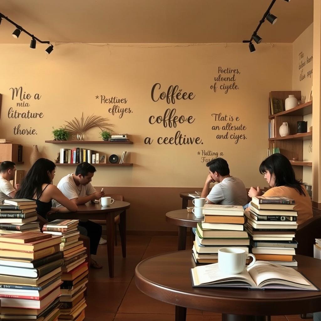 A cozy, literary themed scene featuring a café in shades of coffee and sand color