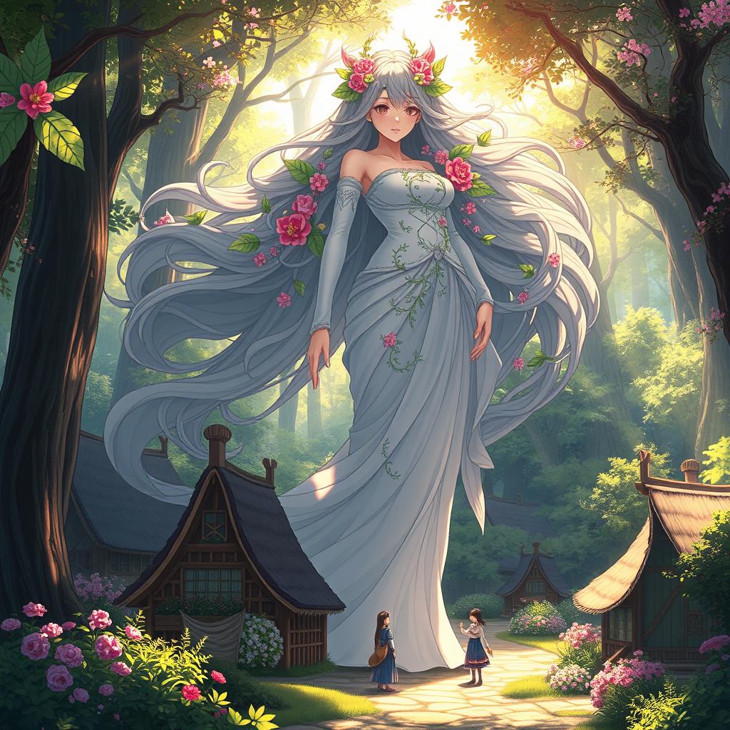 A stunning anime illustration of a gigantic, beautiful woman resembling a goddess of nature, standing gracefully in a small village nestled within a lush forest