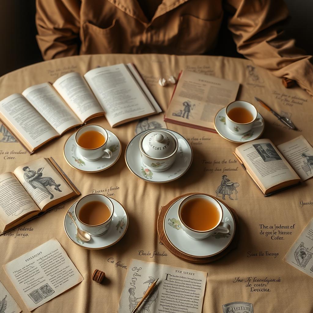 A cozy literary tea setting featuring a brown shirt and a sandy-colored tablecloth adorned with intricate details of people reading books and enjoying tea