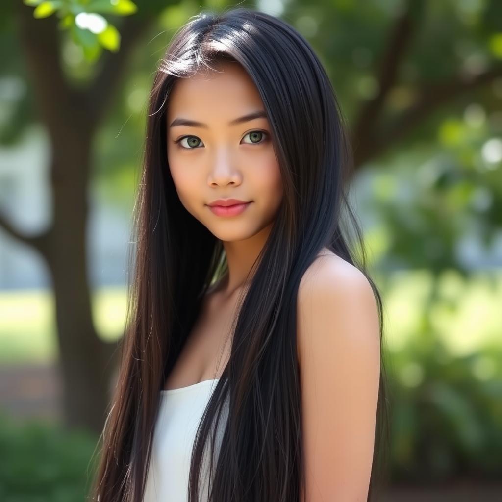 A stunning tall young girl of Asian descent with long flowing black hair and strikingly beautiful naturally green eyes