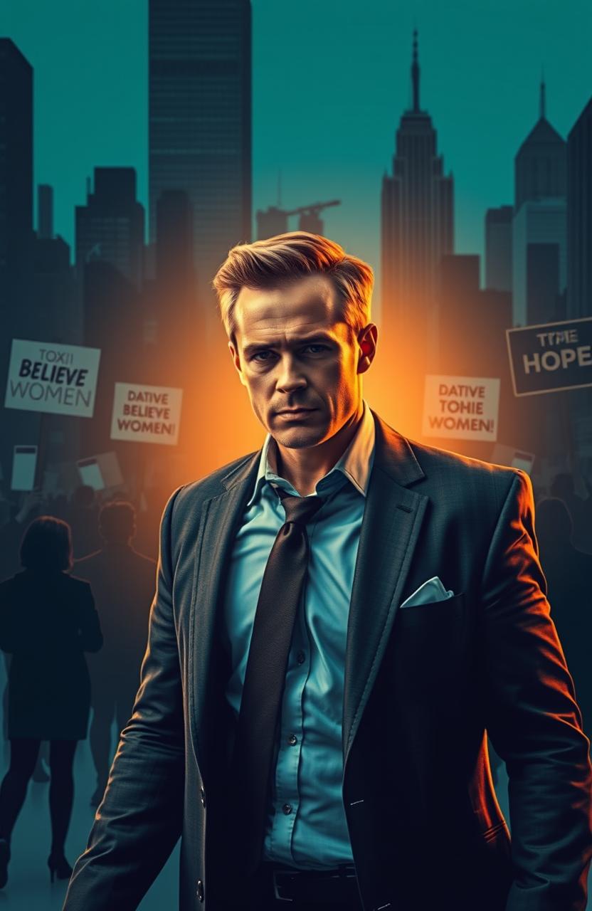 A confident, well-dressed man, with a determined expression, walking away from a chaotic cityscape filled with silhouettes of arguing couples in the background