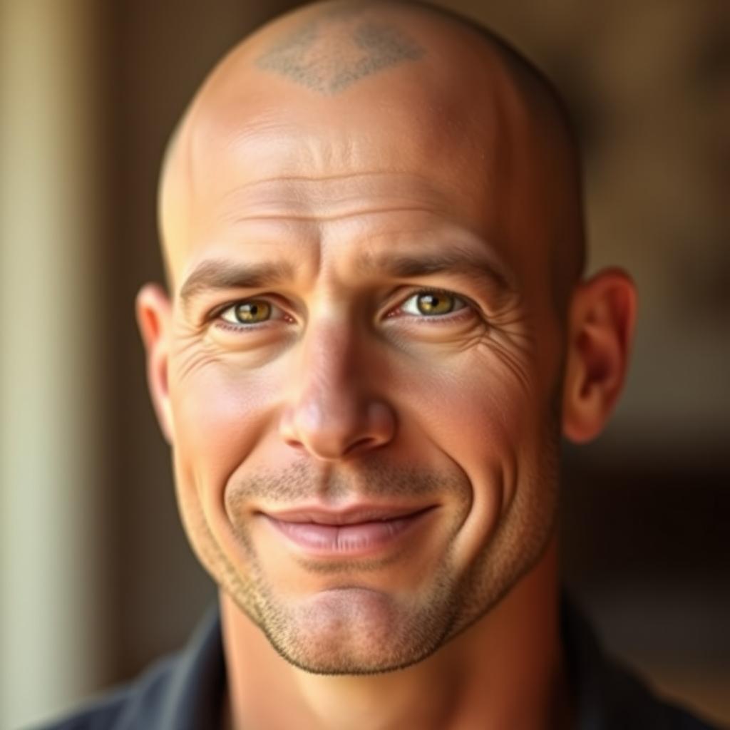 A portrait of a man with a bald head, showcasing detailed facial features including sharp cheekbones, a well-defined jawline, and a sincere expression
