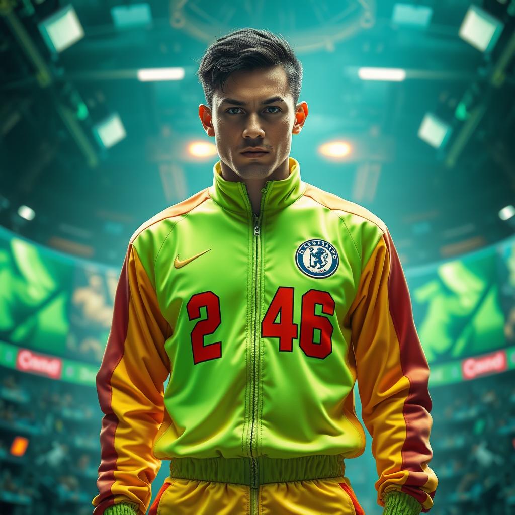 A realistic portrayal of a person resembling a player wearing a version of the distinctive outfit from Squid Game, featuring a bright green tracksuit with the number 246 prominently displayed on the front and back