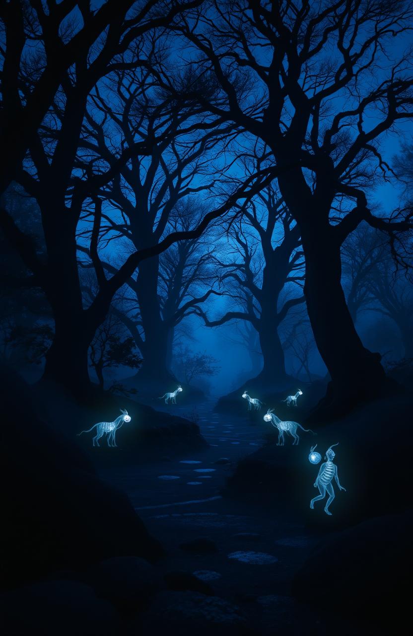 A mysterious and enchanting world of shadows, where dark silhouettes of ancient trees loom against a dusky twilight sky, casting intricate patterns on the forest floor