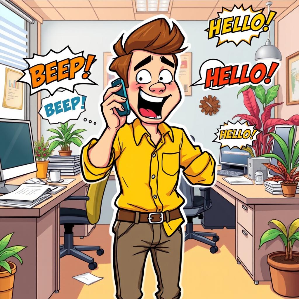 A cartoon style illustration of a man in an office setting, animatedly talking on a smartphone with a loud expression