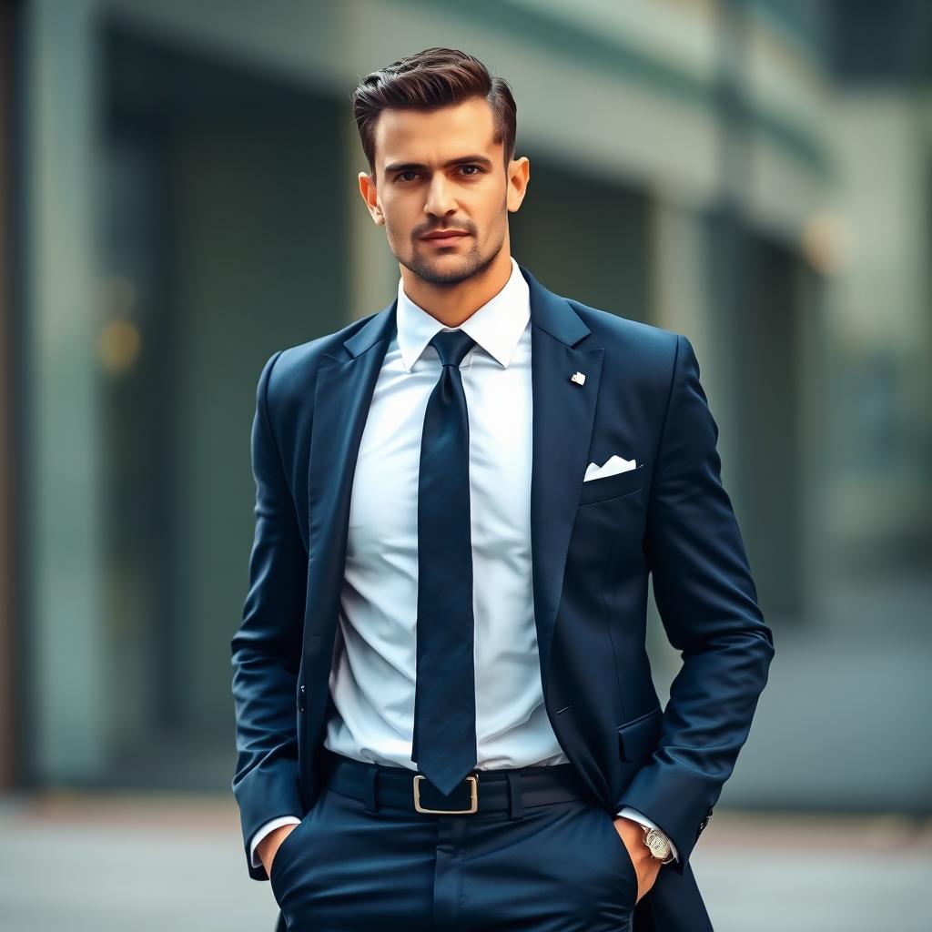 A stylish and elegant man wearing a formal suit, showcasing a perfect fit, with attention to detail